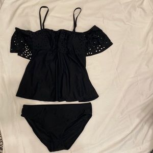 New! Women’s Elegant Black Tankini Swim Suit-Off shoulder top & bikini bottom.